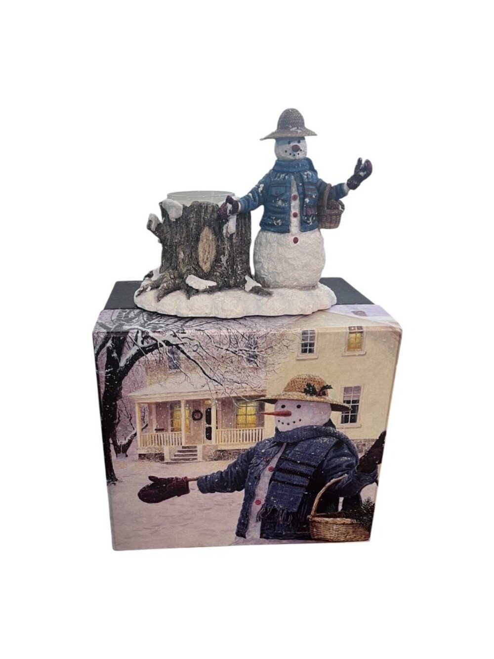 LANG Gathering Pine Cones Snowman Candle Holder By Ned Young Glass Insert 2000